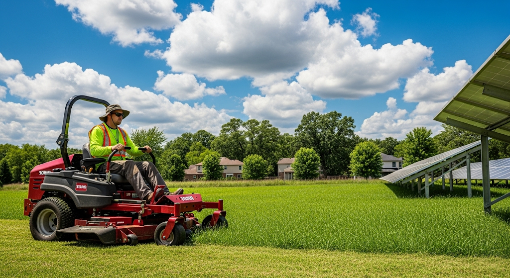DJ's Lawn Services team member professionally mowing a large yard