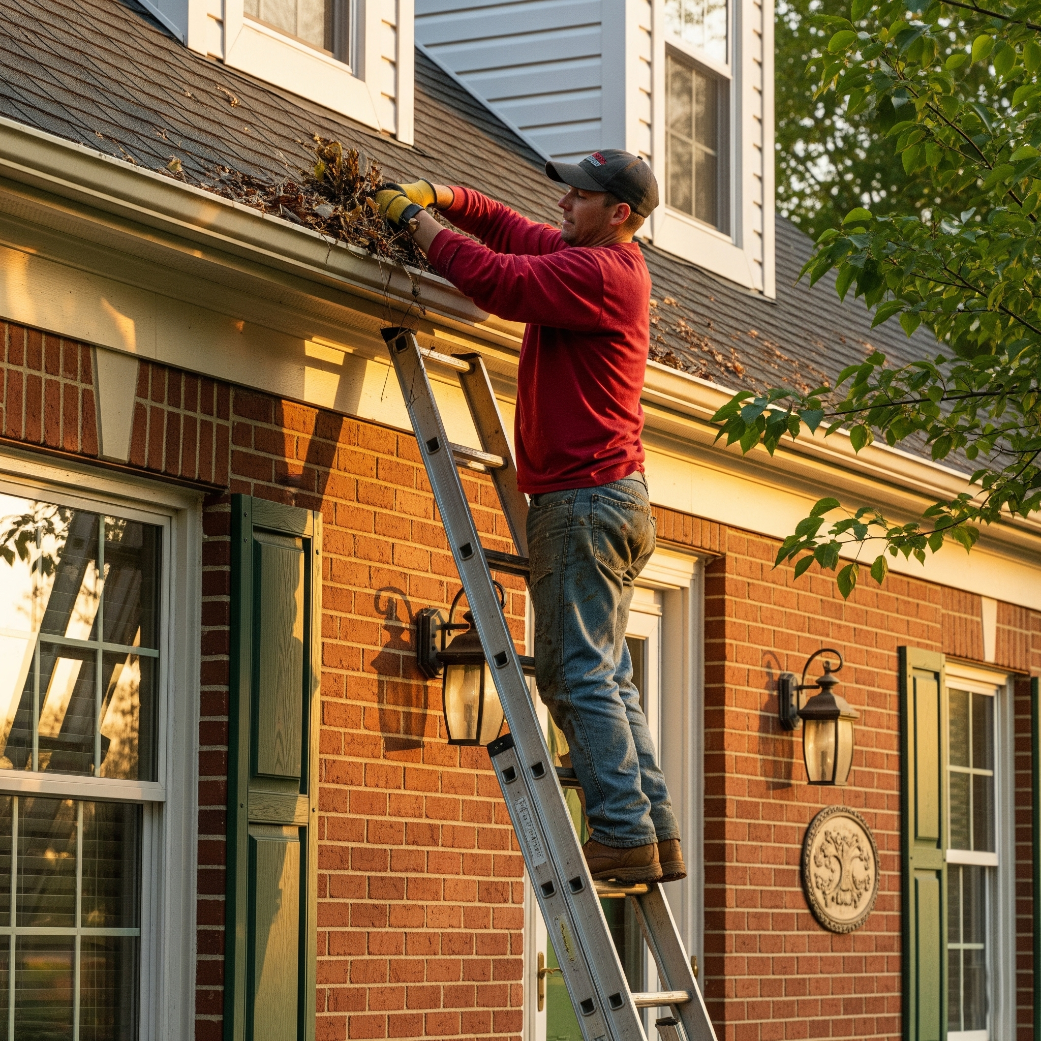 Professional safely cleaning leaves out of a home's gutter system