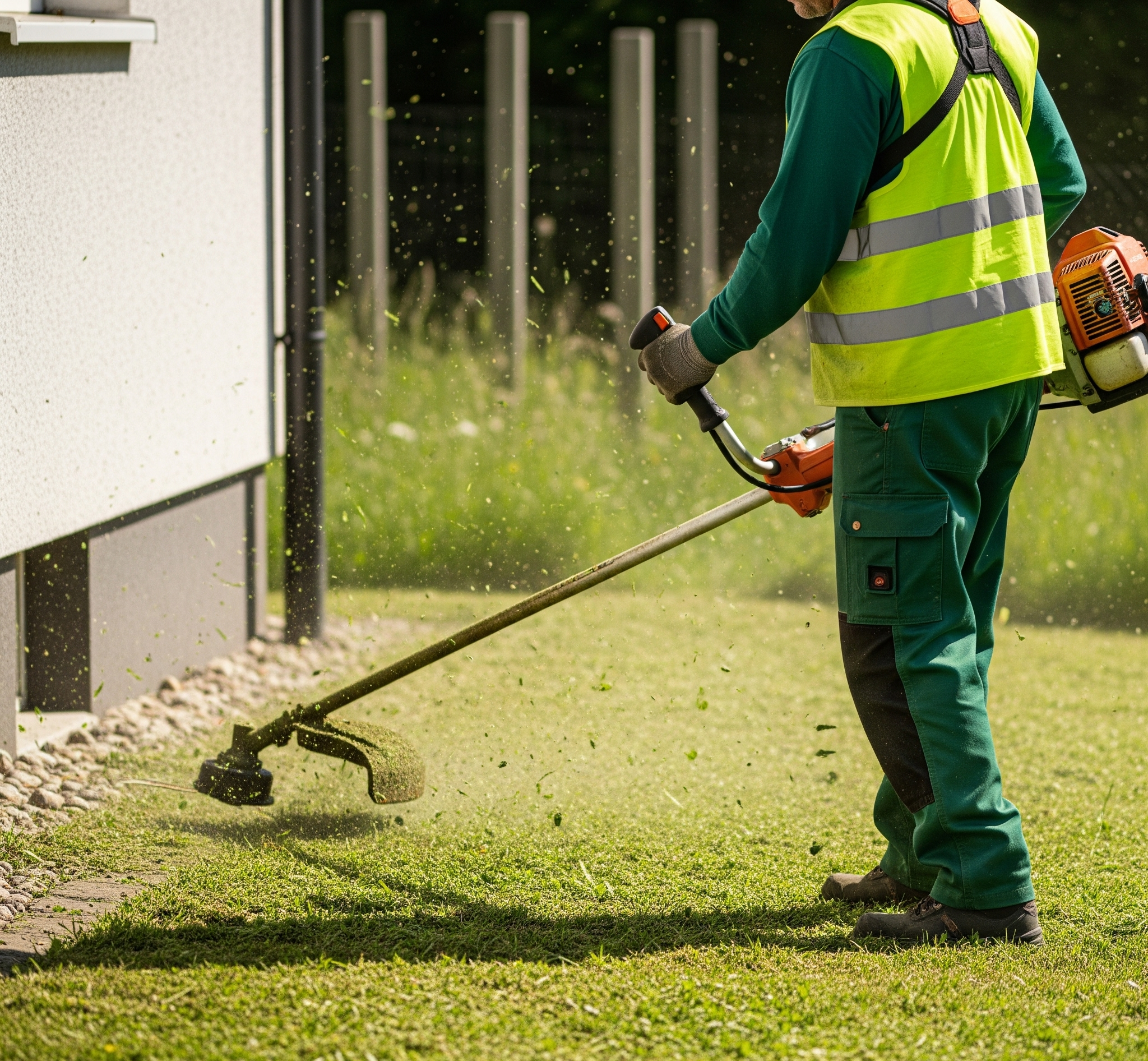 DJ's Lawn Services team member carefully weed eating along a fence line